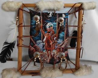 Native American on Horse Hand Painted on Stretched Hide with Fur and Feathers Wall Art