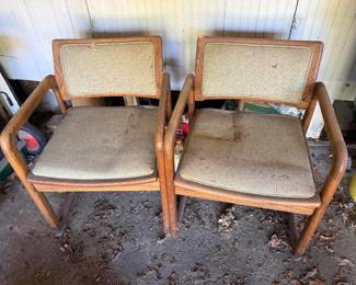 Mid Century Modern Oak Sled Base Office Armchairs with Tweed Upholstery, Pair – White Cloud
