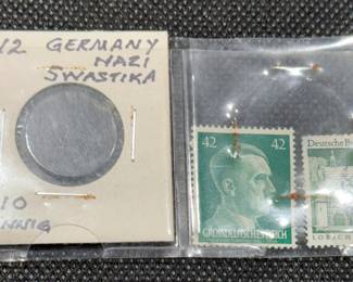 1942 German 10 Pfennig WWII Coin with 2 Vintage Stamps