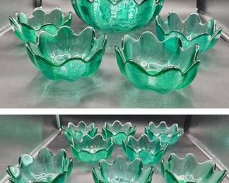 Green Blenko Art Glass Lotus Salad Set - Centerpiece Bowl and 12 Salad Bowls