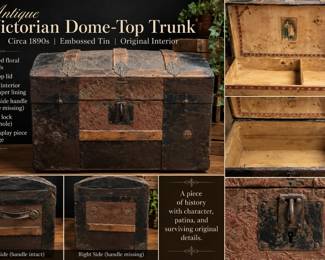 Antique 1890s Victorian Embossed Tin Dome-Top Trunk – Original Tray & Paper – Potterville