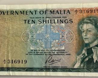 Rare 1949 Malta 10 Shillings Note