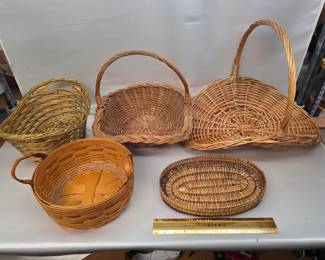 Longaberger Basket + 4 Vintage Wicker Baskets