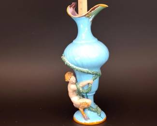 1883 Mintons Celeste Blue Majolica Bacchic Putto Ewer – Rare Victorian – Potterville