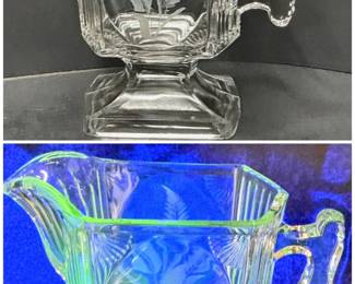 1880s EAPG Etched Fern Uranium Glass Creamer – Glows Under UV – Potterville