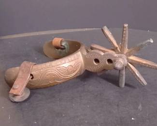 Antique Mexican Charro Riding Spur – Engraved Band, Star Rowel – Potterville