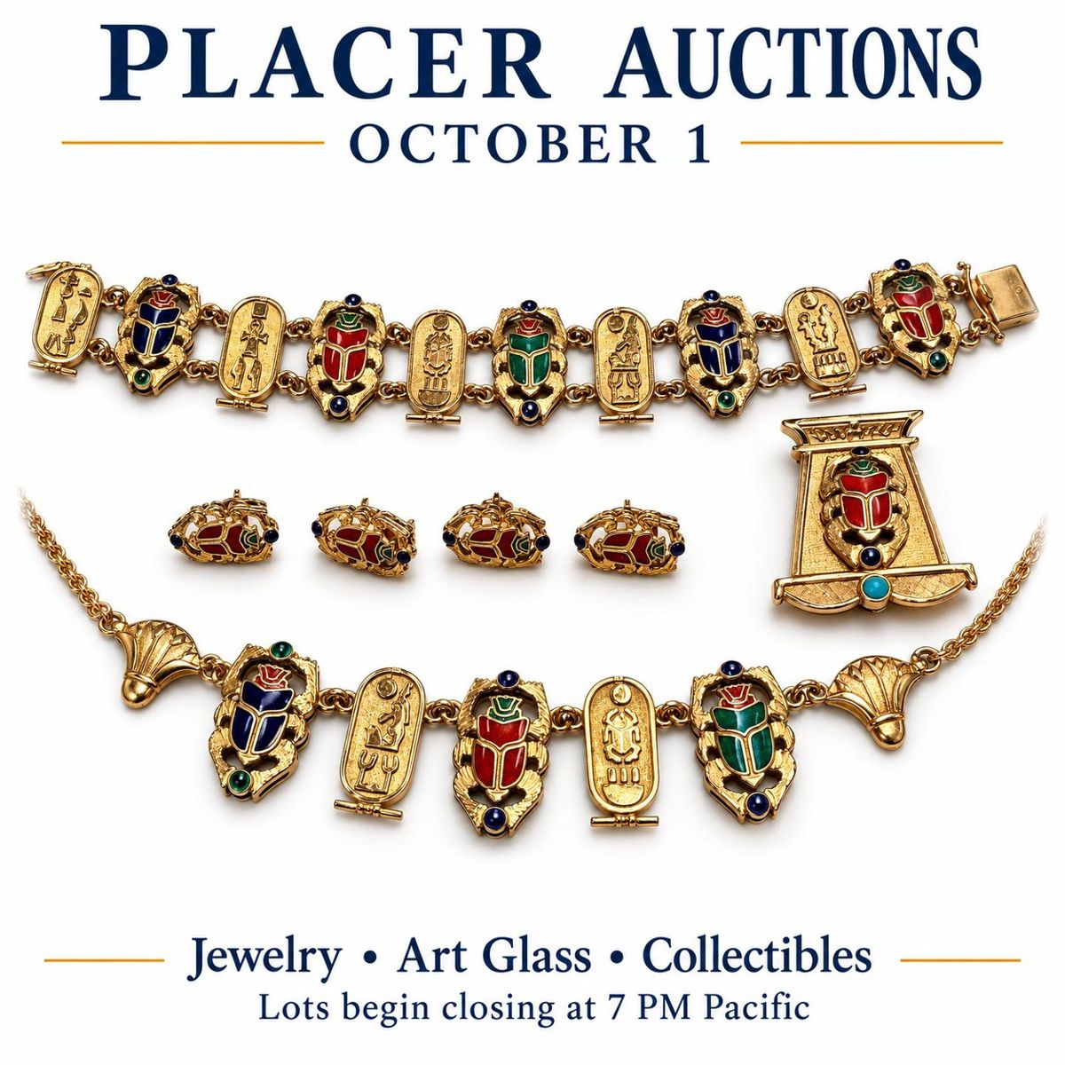 Placer Auctions: 18k gold Egyptian Revival scarab jewelry, lots begin closing Thursday, October 1 at 7 PM Pacific