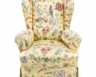 Skirted Wingback Armchair with Bird and Floral Upholstery