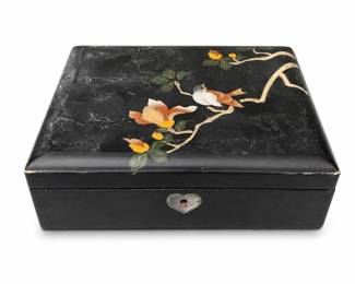 Black Lacquer Keepsake Box with Bird on Flowering Branch, Heart Keyhole