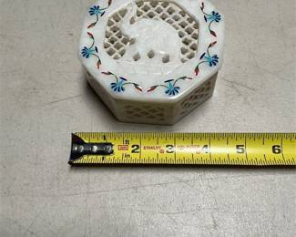 Carved White Stone Elephant Box with Inlaid Floral Border (4/4)