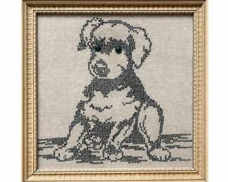 Framed Dog Cross-Stitch Needlework with Green Eye Embellishments