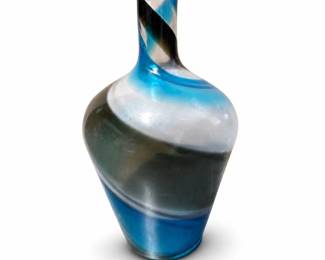 Glass Bottle Vase with Blue, White and Charcoal Spiral Bands