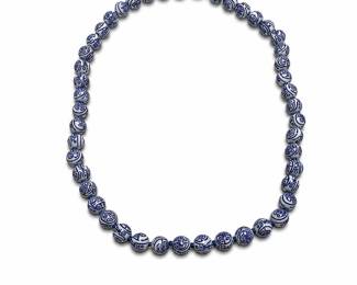 Blue and White Porcelain Shou Bead Necklace, Knotted on Blue Cord
