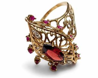 10K Yellow Gold Garnet, Ruby and Diamond Cocktail Ring