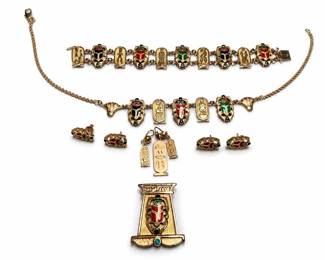 18k Gold Egyptian Revival Enamel Scarab and Cartouche Jewelry Group, 127 g