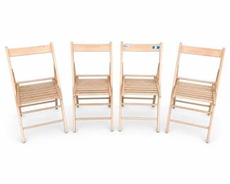 Set of Four Wooden Folding Chairs with Slatted Seats and Curved Backrests