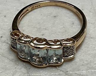 14k Gold Ring with Three Pale Blue Stones and Scrollwork, Size 8 (2/4)