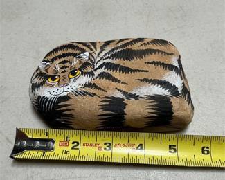 Hand-Painted Curled Tabby Cat Stone, Monogram Signed, '90 (5/5)