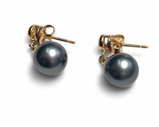 14K Yellow Gold Tahitian Pearl and Diamond Drop Earrings