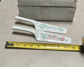 Ceramic Cake Servers, Pair, Pink Floral and Green Scroll, Signed (4/4)