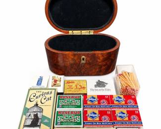 Burl-Patterned Wooden Box with Assorted Matchboxes and Matchbooks