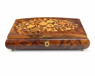 Inlaid Floral Marquetry Wooden Music Jewelry Box with Red Lining
