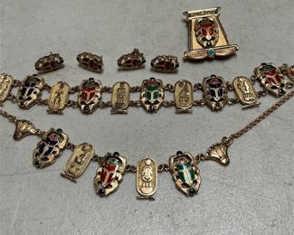 18k Gold Egyptian Revival Enamel Scarab and Cartouche Jewelry Group, 127 g (3/5)