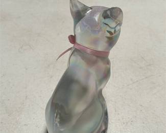 Iridescent Glass Seated Cat Figurine with Pink Ribbon (4/5)