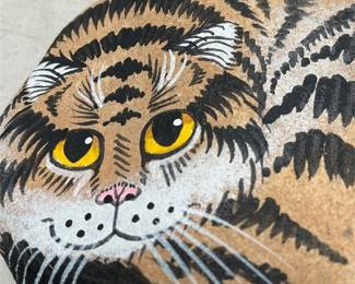Hand-Painted Curled Tabby Cat Stone, Monogram Signed, '90 (4/5)