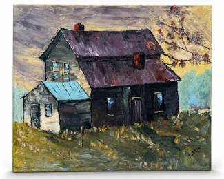 Tuttle Signed Painting of a Rural House and Flowering Branch