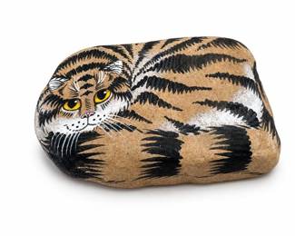 Hand-Painted Curled Tabby Cat Stone, Monogram Signed, '90