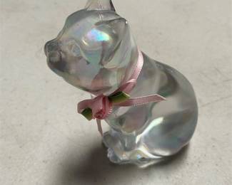 Iridescent Glass Seated Cat Figurine with Pink Ribbon (3/5)
