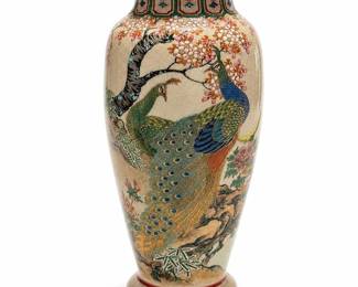 Satsuma Crackle Glaze Peacock Vase, Signed 玉泉, Shimazu Crest Mark