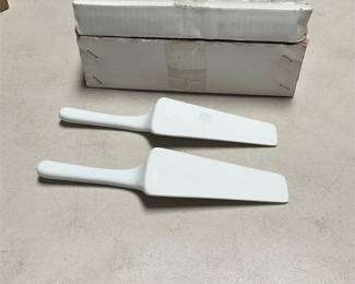 Ceramic Cake Servers, Pair, Pink Floral and Green Scroll, Signed (2/4)
