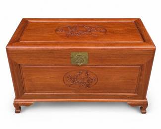 Carved Wood Blanket Chest with Chinese Bird and Plum Blossom Medallions