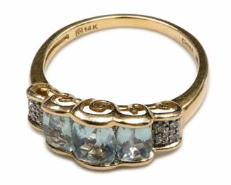 14k Gold Ring with Three Pale Blue Stones and Scrollwork, Size 8
