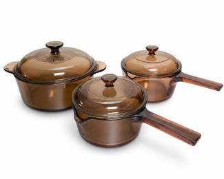 Amber-Brown Translucent Covered Saucepans and Pot