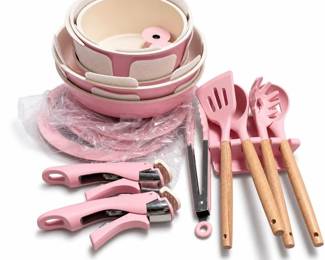 Pink Nesting Non-Stick Cookware with Detachable Handles and Utensils
