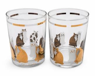 Georges Briard Signed Cat Lowball Glasses, Pair