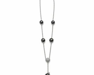 Sterling Silver Y-Necklace with Dark Gray Beads and Pavé Heart, 12 g