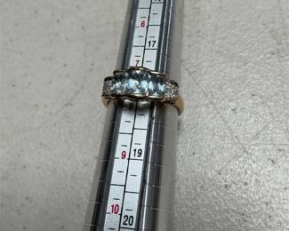 14k Gold Ring with Three Pale Blue Stones and Scrollwork, Size 8 (3/4)