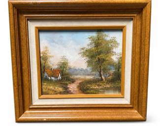 Signed Pastoral Cottage Landscape, Framed