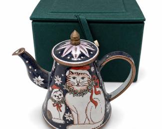 Miniature Enamel-on-Metal Christmas Cat Teapot