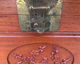Carved Wood Blanket Chest with Chinese Bird and Plum Blossom Medallions (2/3)