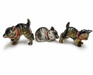 Glazed Ceramic Tabby Cat Figurines with Red Bows