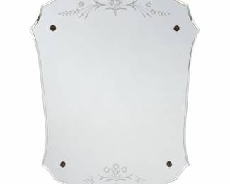 Frameless Beveled Wall Mirror with Etched Floral Sprays, Arched Top