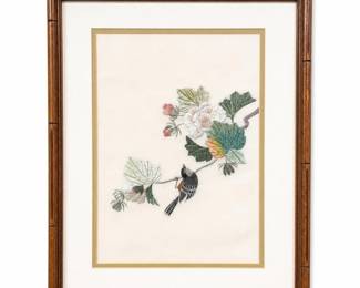 Embroidered Bird on Flowering Branch Picture in Faux Bamboo Frame