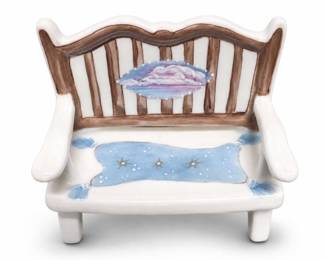 Glazed Ceramic Miniature Bench with Blue Cushion and Cloud Scene