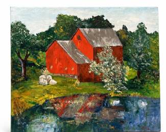 Red Barn and Pond Landscape Painting, Signed