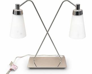 Modern Crossed-Arm Two-Light Table Lamp with Frosted Glass Shades